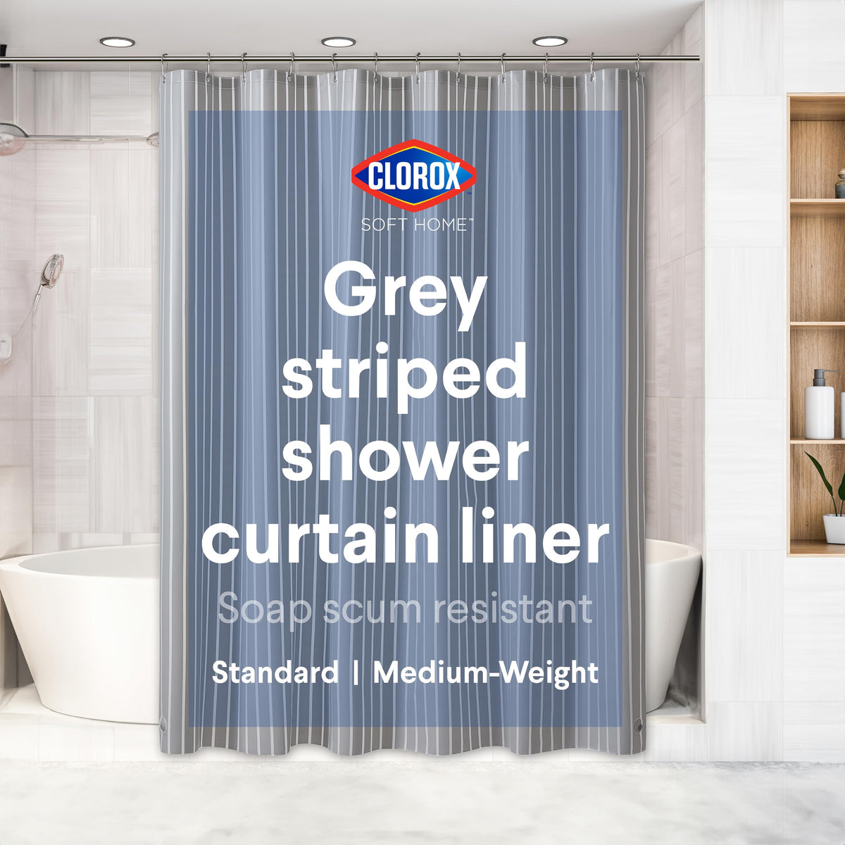 Clorox Shower Curtain Liner & Hooks, Premium Lightweight Flexible Waterproof 4g PEVA for Bathroom with Weighted Magnets, Standard Size 70" x 72", Frosty 1 Pack