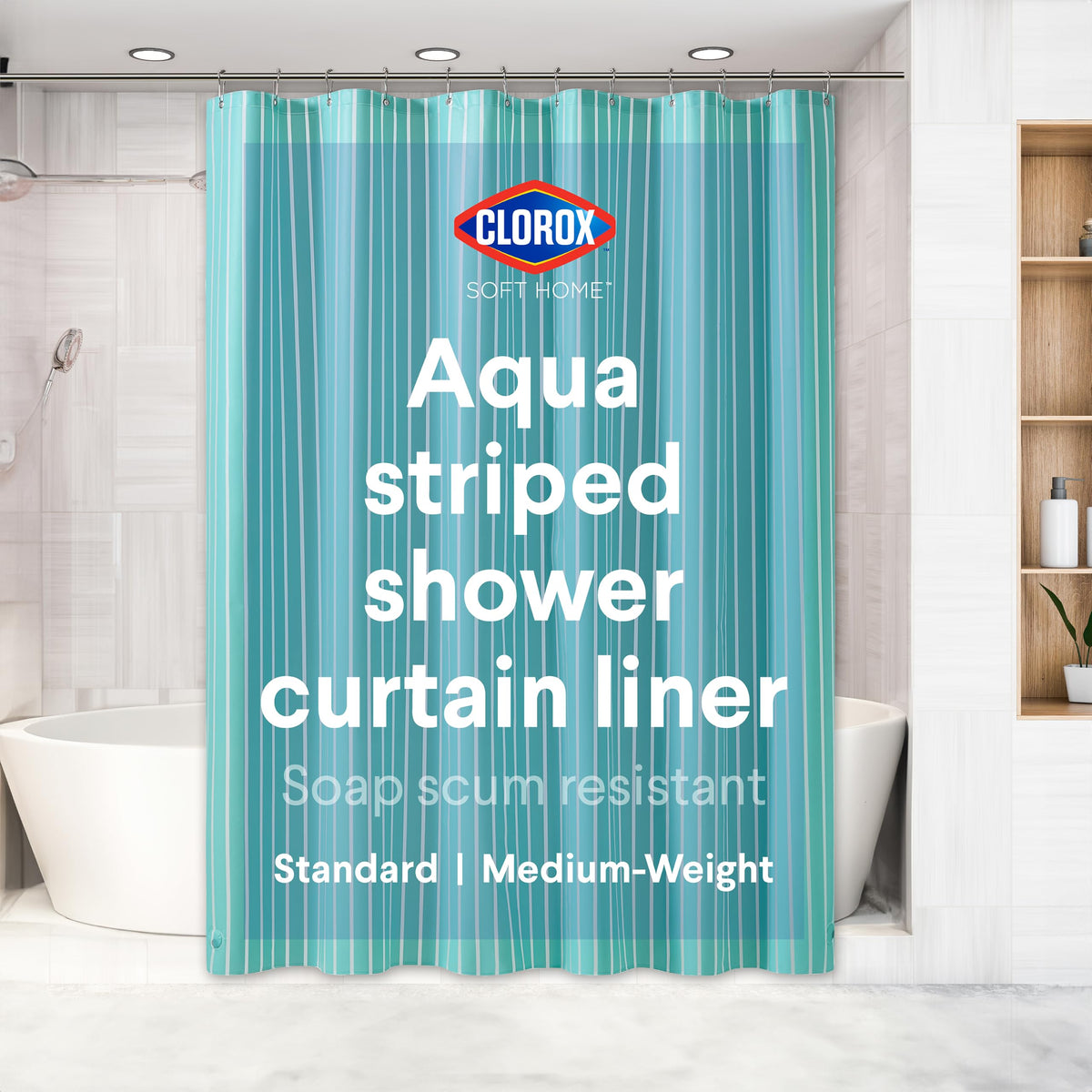 Clorox Shower Curtain Liner & Hooks, Premium Lightweight Flexible Waterproof 4g PEVA for Bathroom with Weighted Magnets, Standard Size 70" x 72", Frosty 1 Pack
