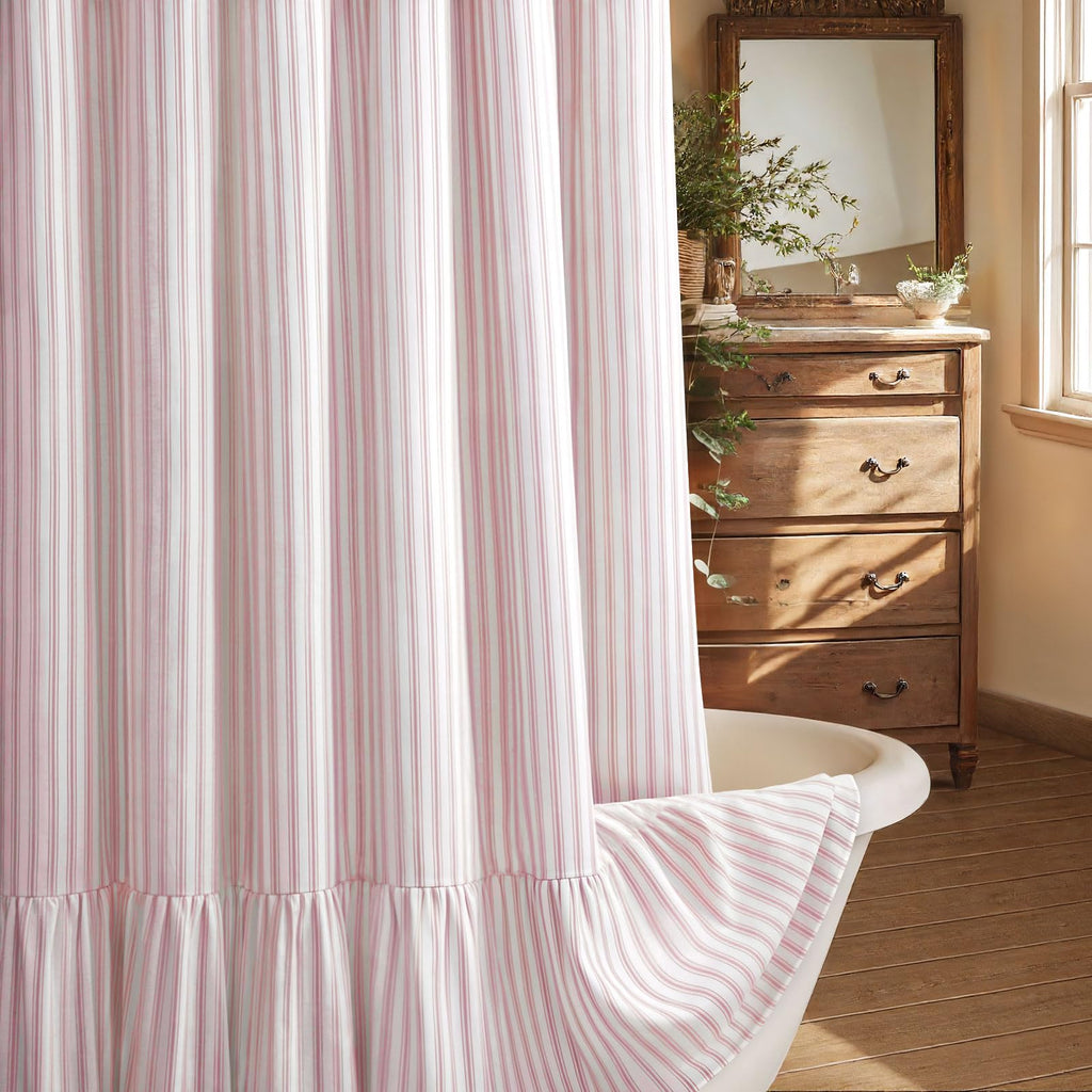 Farmhouse Shower Curtain Ruffle Linen Cream-Green Stripe 72"W x 72"L