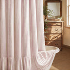 Farmhouse Shower Curtain Ruffle Linen Cream-Brown Stripe 72"W x 84"L