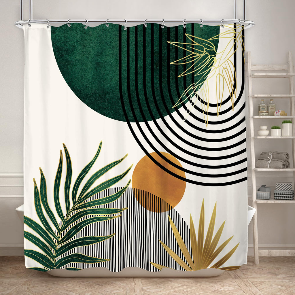 KOMLLEX Mid Century Green Boho Shower Curtain, Abstract Modern Shower Curtains for Bathroom, Plant Botanical Minimalist Leaf Arch Sun Fabric Liner Waterproof Polyester 12 Pack Hooks 60Wx72L Inches