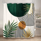 KOMLLEX Mid Century Green Boho Shower Curtain, Abstract Modern Shower Curtains for Bathroom, Plant Botanical Minimalist Leaf Arch Sun Fabric Liner Waterproof Polyester 12 Pack Hooks 60Wx72L Inches