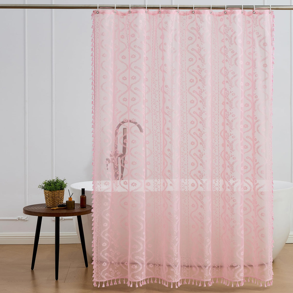 WAZZIO Dark Sage Green Lace Shower Curtain,Boho Chic Style,72 x 72 in