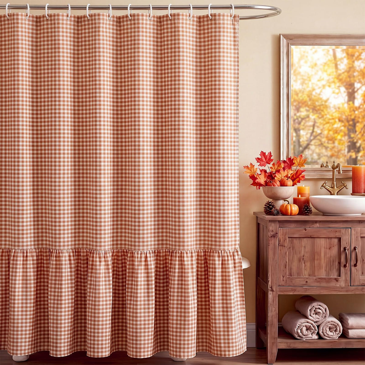 HunnmingRe Ruffle Hem Gingham Shower Curtain Taupe