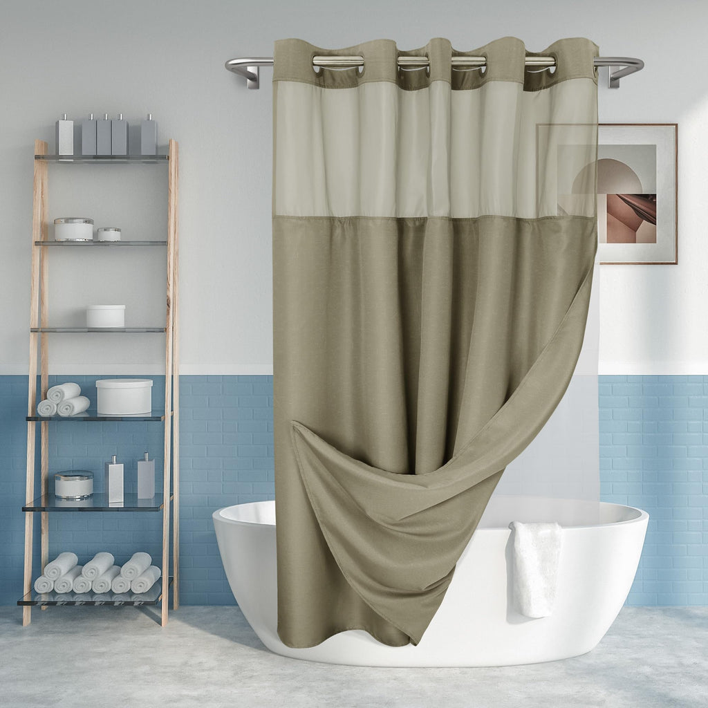 River Dream No Hook Shower Curtain with Snap-in Liner Set, Dark Gray, 71x74