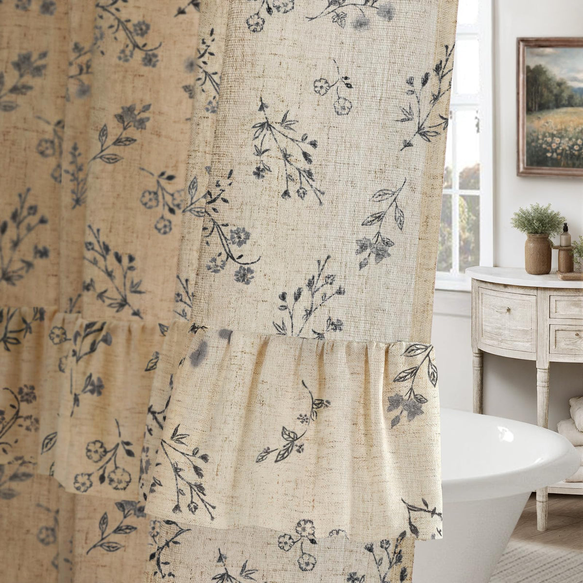 Floral Farmhouse Vintage Linen Shower Curtain French Country Decor 72Wx72H