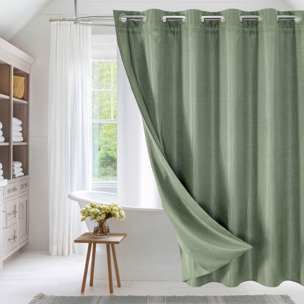 No Hook Weave Fabric Shower Curtain with Snap-in Liner White,72x74