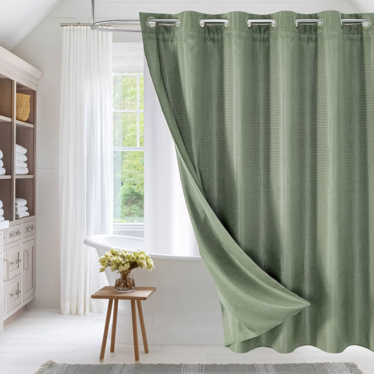 No Hook Weave Fabric Shower Curtain with Snap-in Liner White,72x74