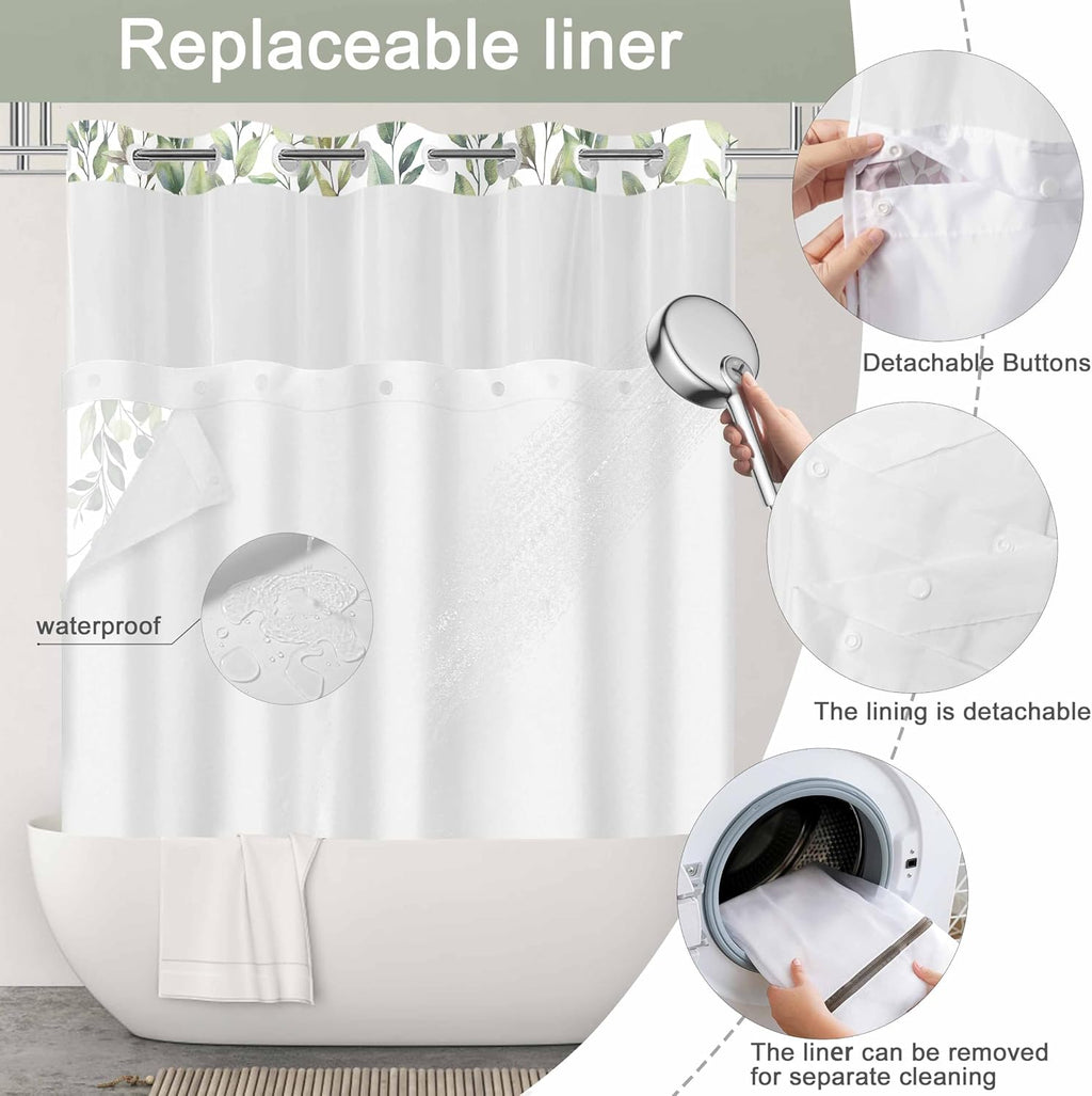 No Hook Shower Curtain and Liner Set, Sage Green Eucalyptus 71x74