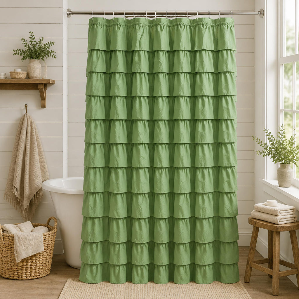 White Ruffle Shower Curtain for Bathroom,72 x 72 Inches, Farmhouse Style