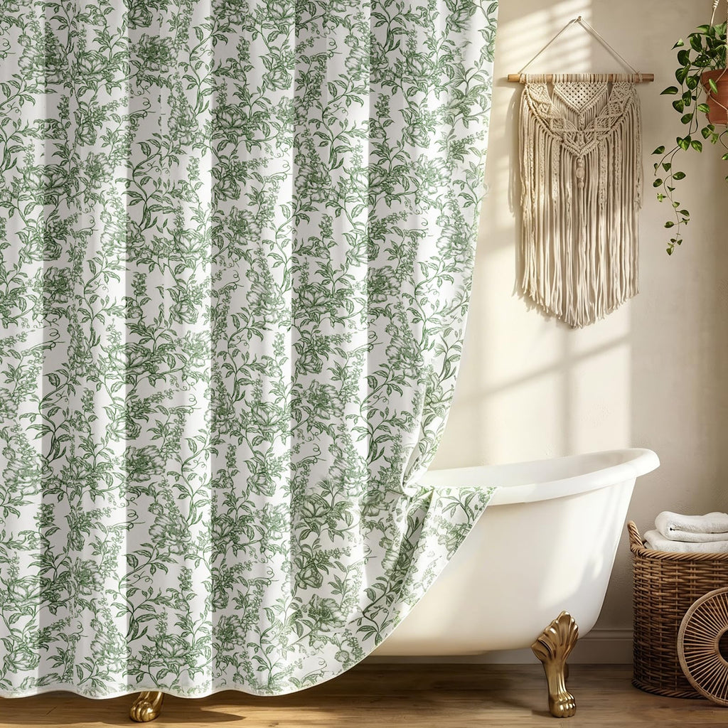 Farmhouse Sage Green Floral Shower Curtain with 12 Clear Rings 72"W x 72"L