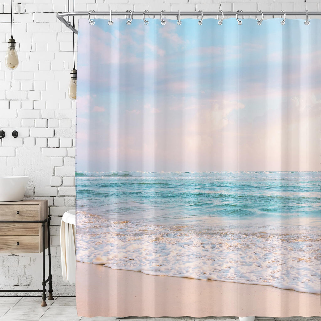 Ocean Beach Coastal Nautical Summer Sunset Shower Curtain for Bathroom 72W*72H Inch Seaside Seacoast Beachy Waves Bathtub Decor Seascape Neutral Cool Waterproof Polyester Fabric Set with 12 Hooks