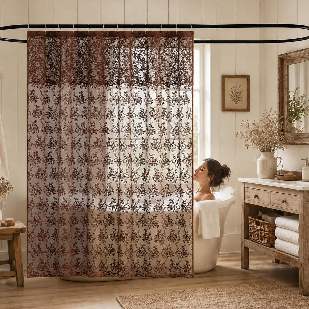TUDECO Lace Brown Shower Curtain with Attached Valance, 72 x 72 Inch