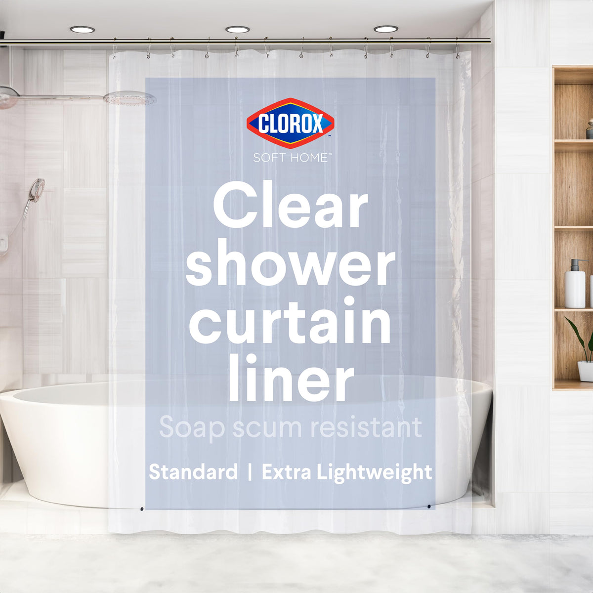 Clorox Shower Curtain Liner & Hooks, Premium Lightweight Flexible Waterproof 4g PEVA for Bathroom with Weighted Magnets, Standard Size 70" x 72", Frosty 1 Pack