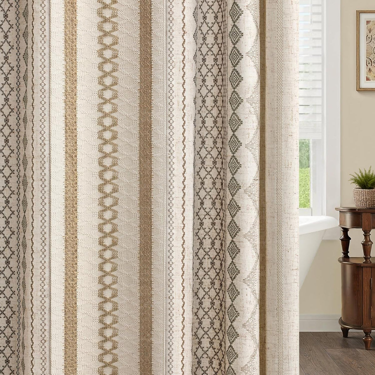 Natural Linen Boho Shower Curtain,72" W x 72" L