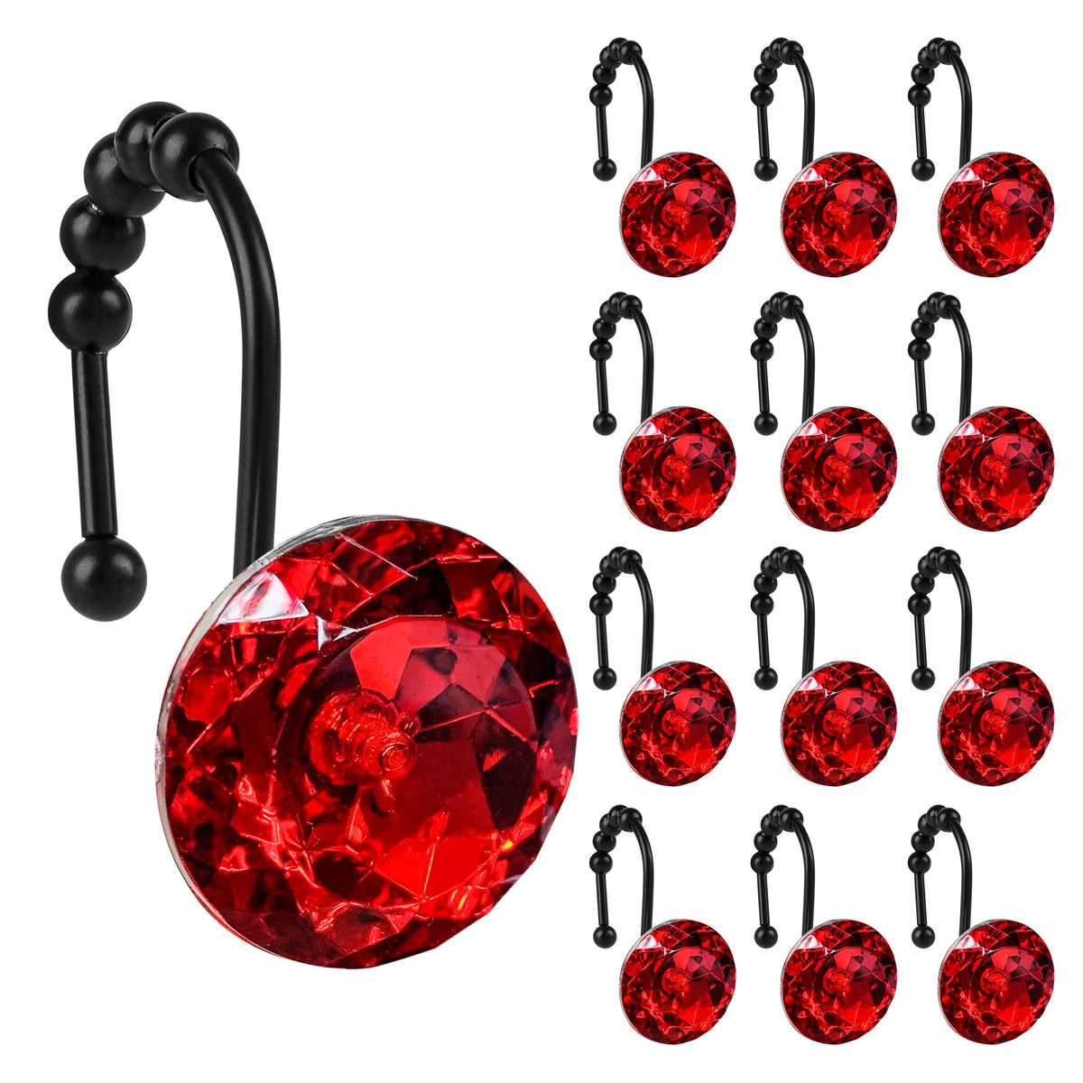 Sunlit Round Rhinestone Shower Curtain Hooks with Glide Balls, 12 Pack