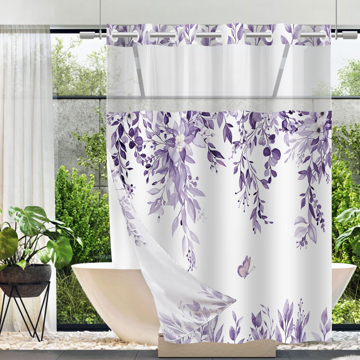 No Hook Shower Curtain and Liner Set, Sage Green Eucalyptus 71x74