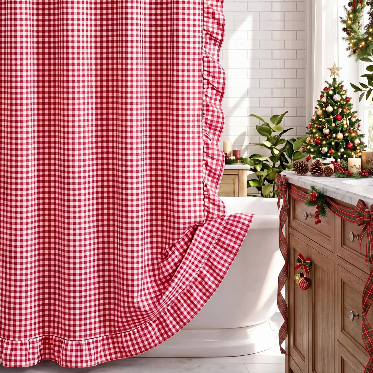 HunnmingRe Ruffle Hem Gingham Shower Curtain Taupe