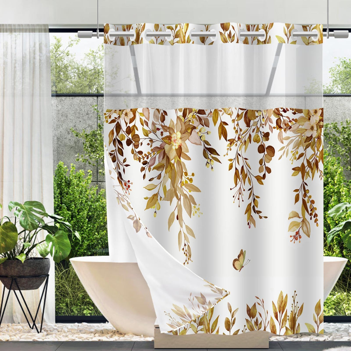 No Hook Shower Curtain and Liner Set, Sage Green Eucalyptus 71x74