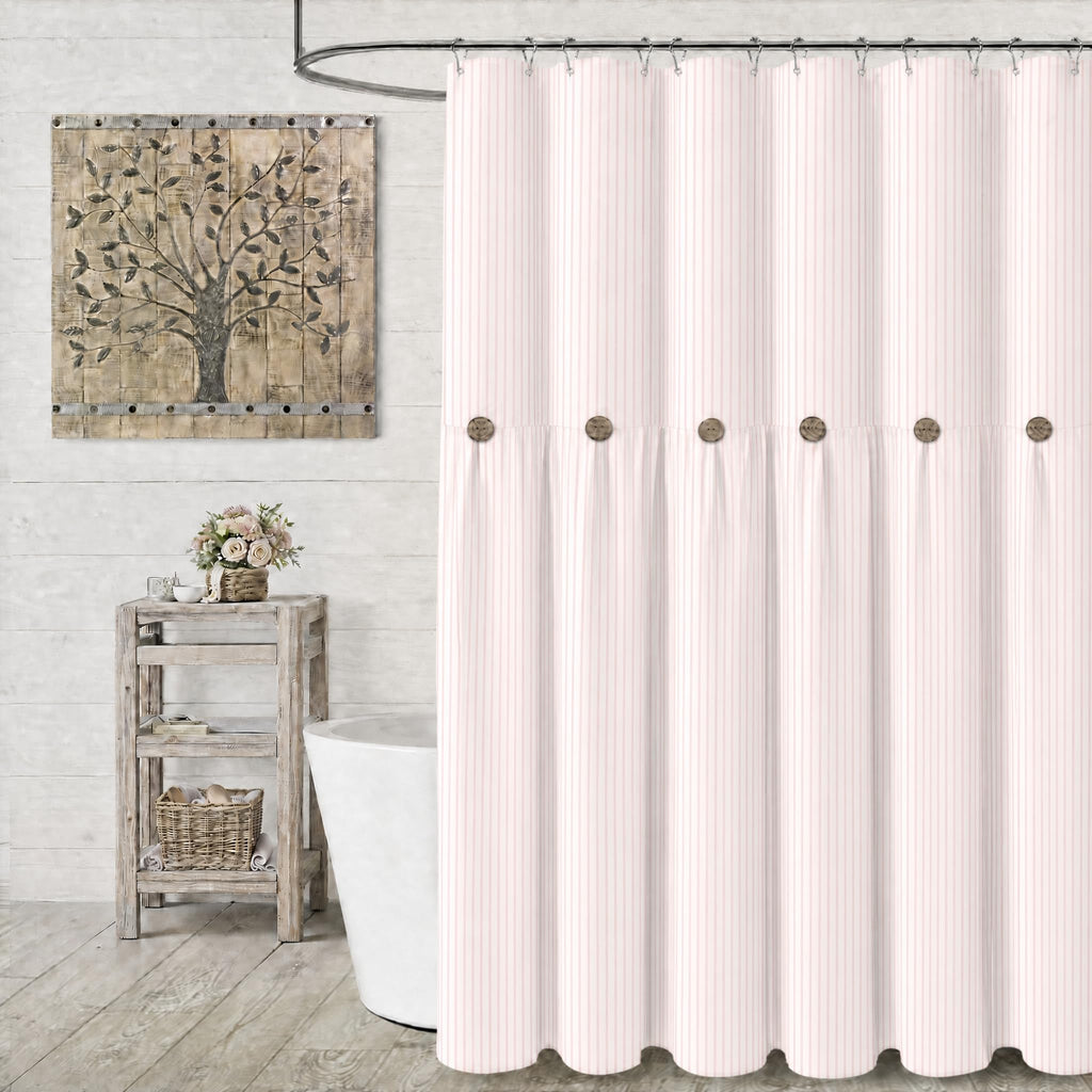 Farmhouse Shower Curtain Linen Beige Button Brown Stripe 72"W x 72"L