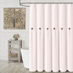 Farmhouse Shower Curtain Linen Beige Button Brown Stripe 72"W x 72"L