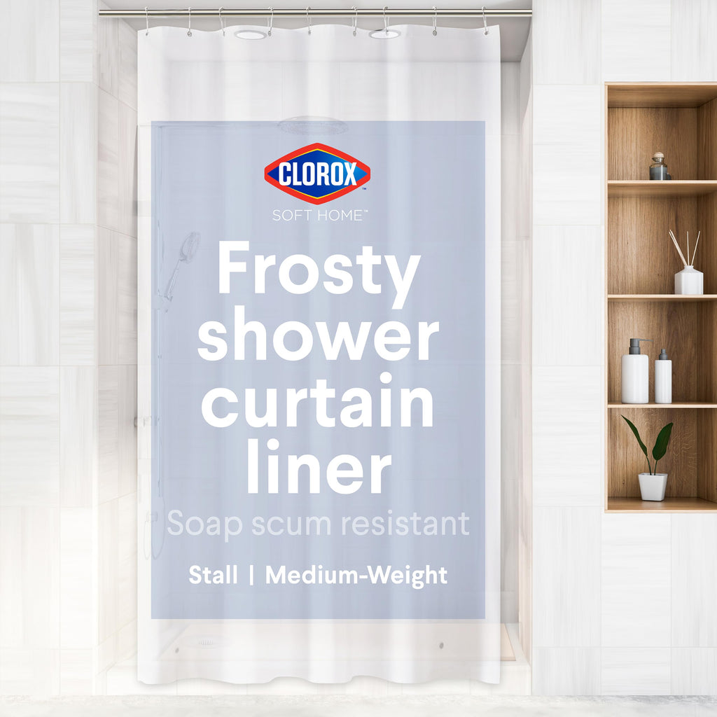 Clorox Shower Curtain Liner & Hooks, Premium Lightweight Flexible Waterproof 4g PEVA for Bathroom with Weighted Magnets, Standard Size 70" x 72", Frosty 1 Pack