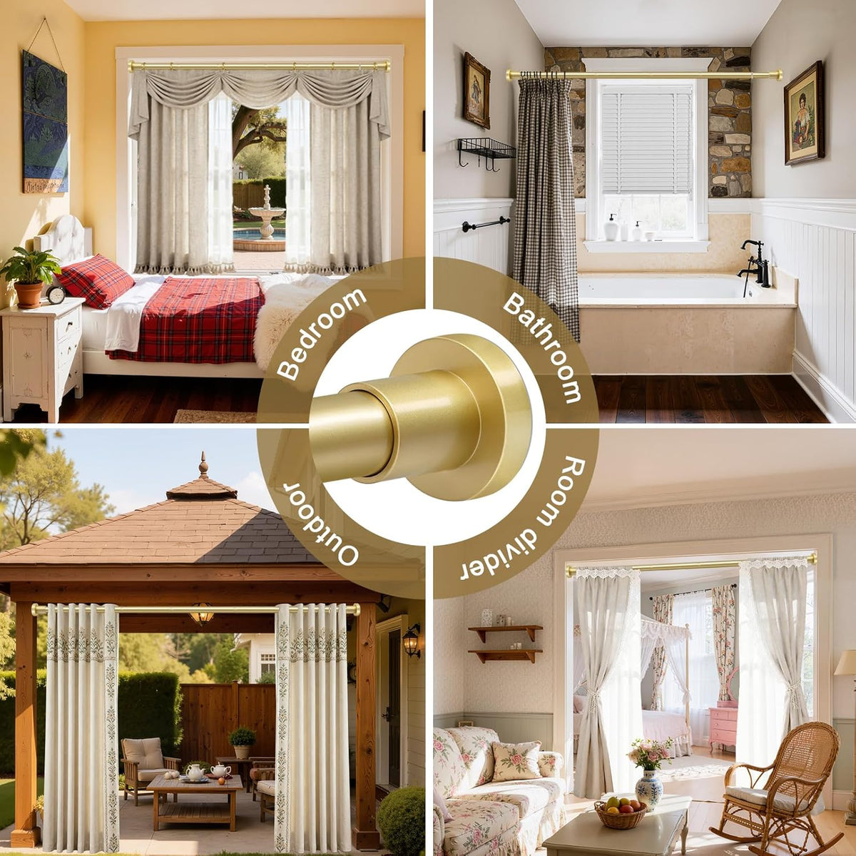 YNL Gold Shower Curtain Rod 32-80 Inch(2.7-6.6ft), Non Slip, Never Rust, No Drill Stainless Steel Spring Tension Shower Rod, Adjustable Tension Rod for Bathroom