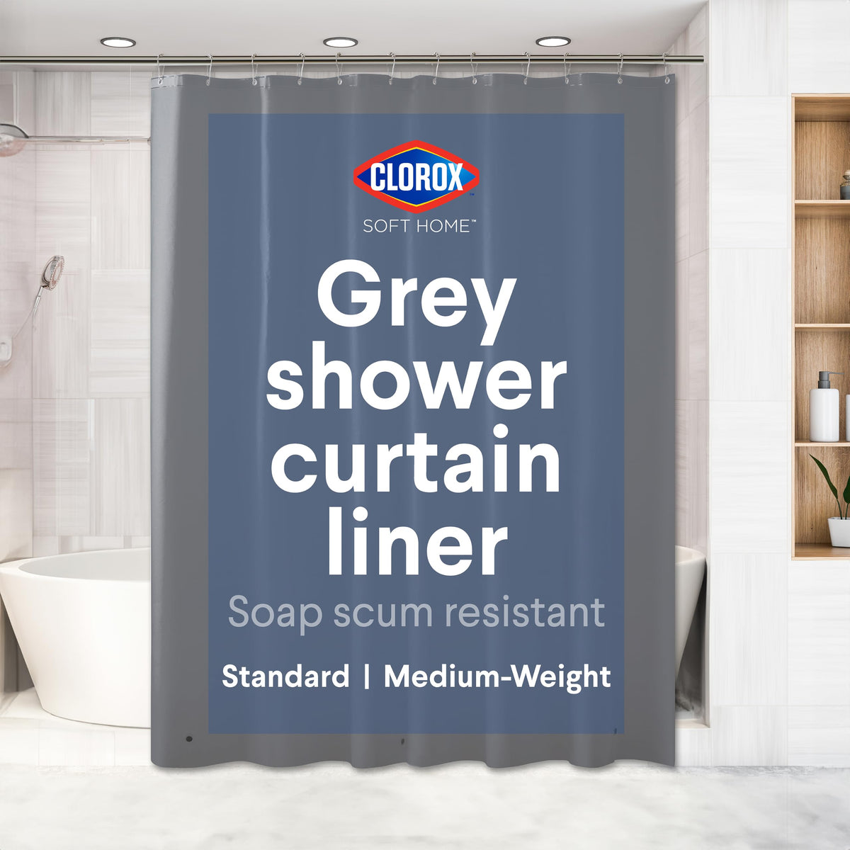 Clorox Shower Curtain Liner & Hooks, Premium Lightweight Flexible Waterproof 4g PEVA for Bathroom with Weighted Magnets, Standard Size 70" x 72", Frosty 1 Pack