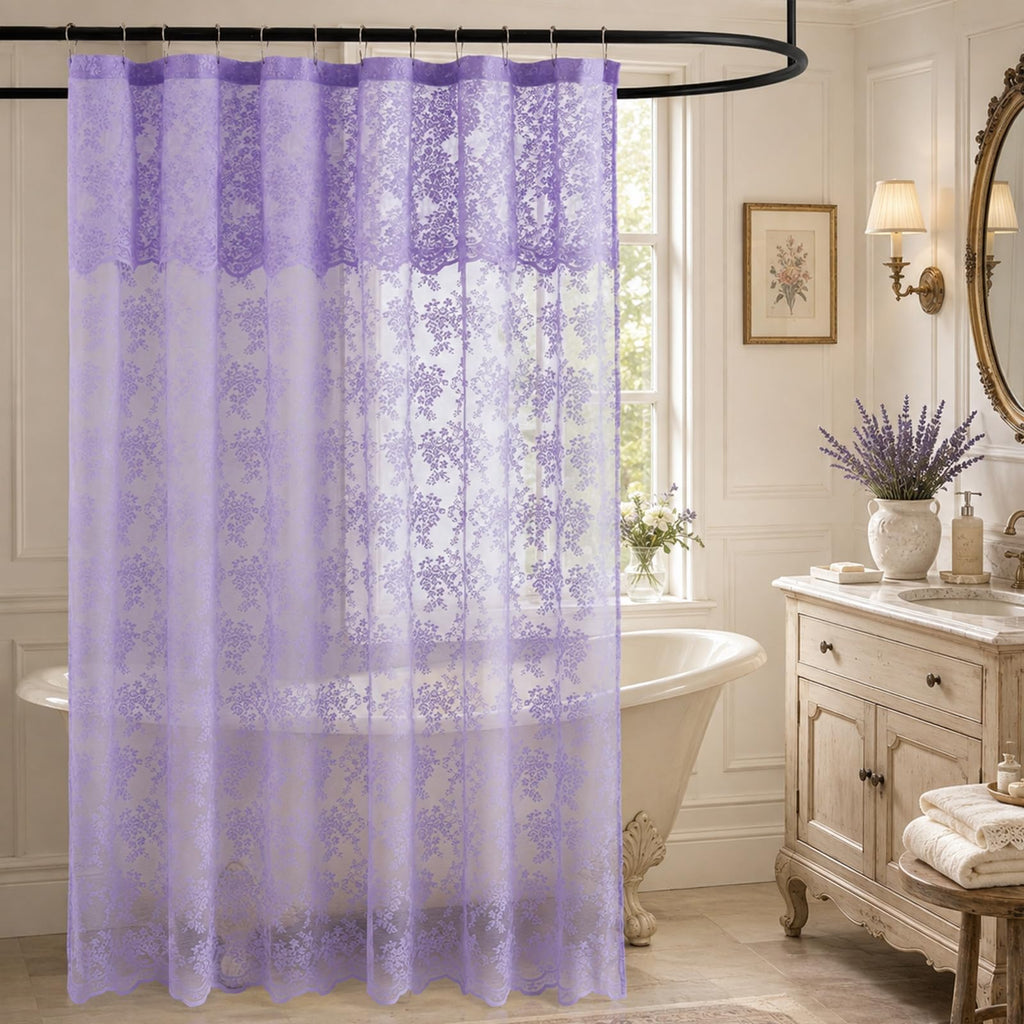 TUDECO Lace Brown Shower Curtain with Attached Valance, 72 x 72 Inch