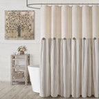 Farmhouse Shower Curtain Linen Beige Button Brown Stripe 72"W x 72"L
