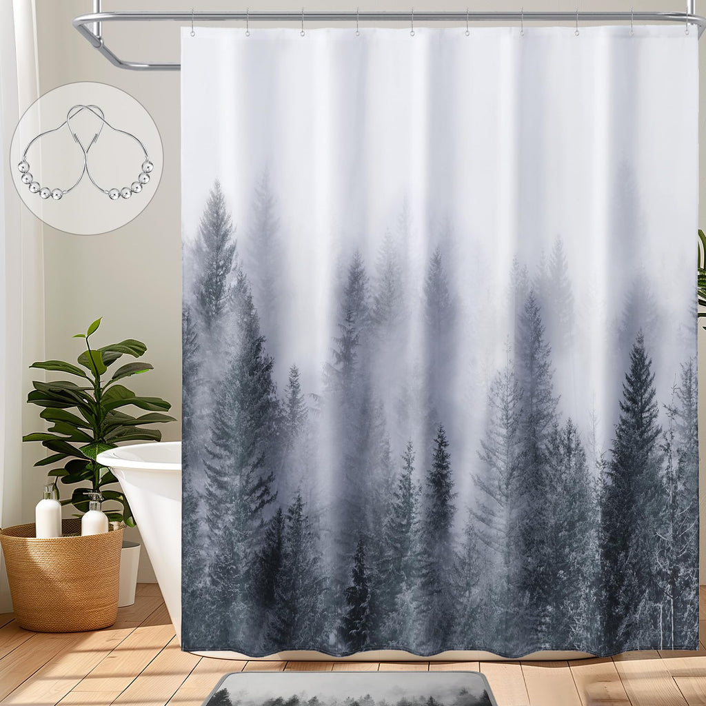 ORTIGIA Dark Green Misty Forest Shower Curtain for Bathroom, Nature Woodland Shower Curtain Set with Hooks, Decorative Pine Tree Fog Magic Bath Curtain for Home, Waterproof Fabric, Weighted, 72x72