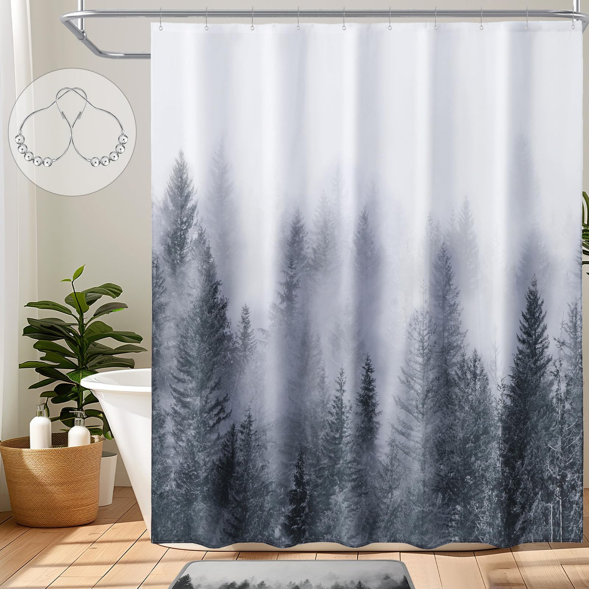 ORTIGIA Dark Green Misty Forest Shower Curtain for Bathroom, Nature Woodland Shower Curtain Set with Hooks, Decorative Pine Tree Fog Magic Bath Curtain for Home, Waterproof Fabric, Weighted, 72x72
