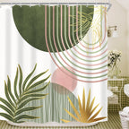 KOMLLEX Mid Century Green Boho Shower Curtain, Abstract Modern Shower Curtains for Bathroom, Plant Botanical Minimalist Leaf Arch Sun Fabric Liner Waterproof Polyester 12 Pack Hooks 60Wx72L Inches