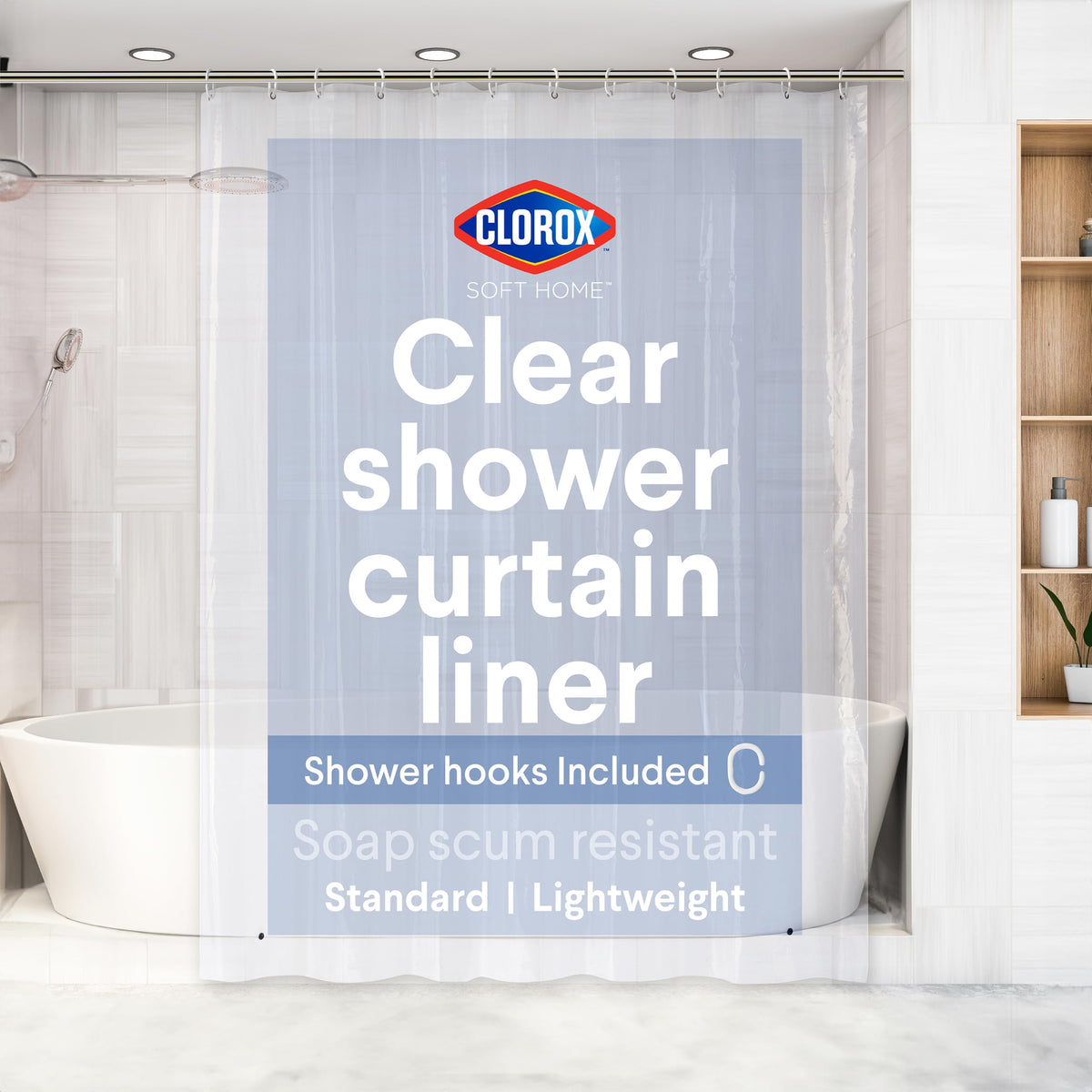 Clorox Shower Curtain Liner & Hooks, Premium Lightweight Flexible Waterproof 4g PEVA for Bathroom with Weighted Magnets, Standard Size 70" x 72", Frosty 1 Pack
