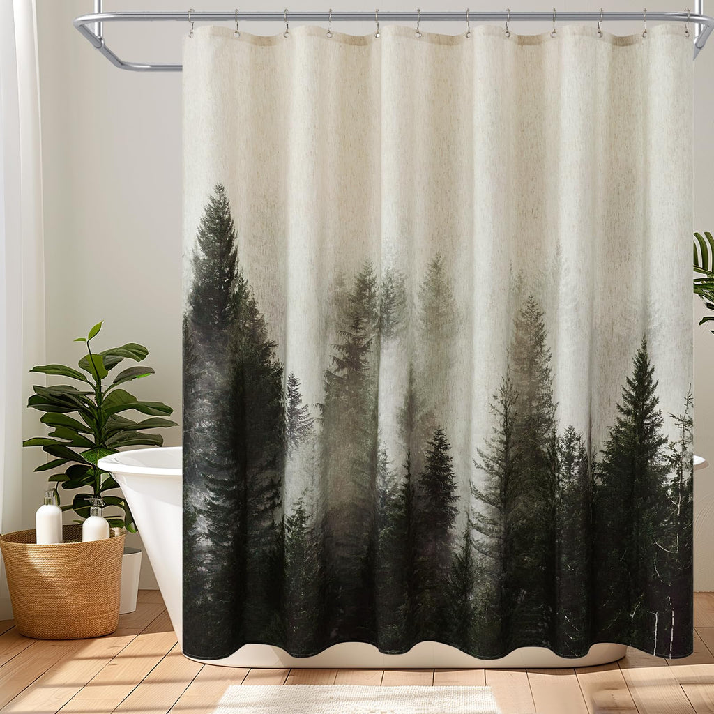 ORTIGIA Dark Green Misty Forest Shower Curtain for Bathroom, Nature Woodland Shower Curtain Set with Hooks, Decorative Pine Tree Fog Magic Bath Curtain for Home, Waterproof Fabric, Weighted, 72x72