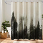 ORTIGIA Dark Green Misty Forest Shower Curtain for Bathroom, Nature Woodland Shower Curtain Set with Hooks, Decorative Pine Tree Fog Magic Bath Curtain for Home, Waterproof Fabric, Weighted, 72x72