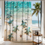Nautical Green Sea Turtles Beach Theme Fabric Shower Curtain Sets Bathroom Blue Ocean Decor with Grommets and Hooks - 72 x 72 Inch Teal