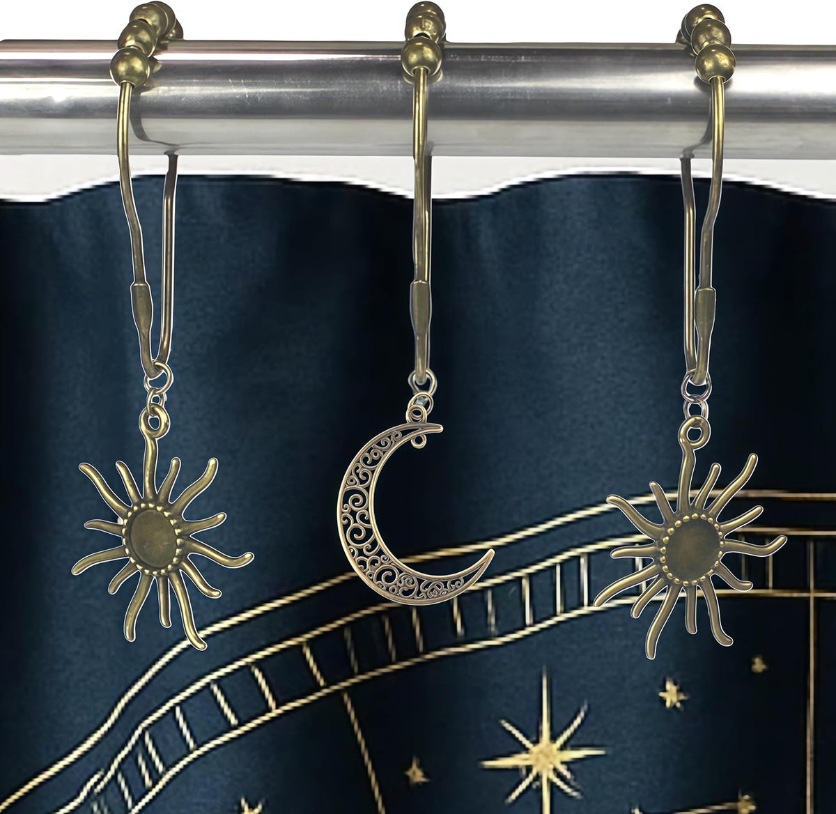 Celestial Shower Curtain Hooks 12 Pack of Sun and Moon Decor Theme Comes with a Bronze Shower Curtain Hooks for Celestial Boho Goth Witchy Shower Curtain (12)
