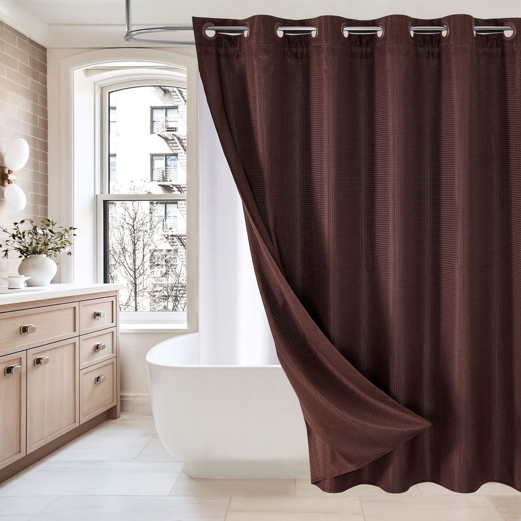 No Hook Weave Fabric Shower Curtain with Snap-in Liner White,72x74