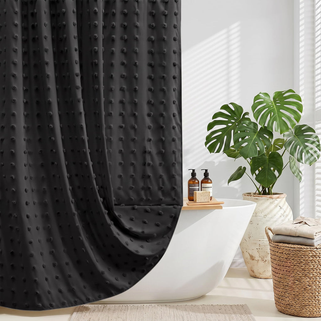 Extra Long Green Boho Shower Curtain Woven Fabric Cute 84 Inch Shower Curtain, 72 x 84 Tufted Pleat Floral Puffs Textured Modern Farmhouse Minimalist Shower Curtain Set with Hooks for Bathroom