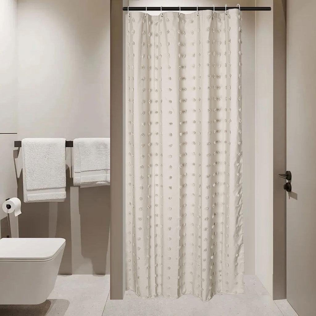 Extra Long Green Boho Shower Curtain Woven Fabric Cute 84 Inch Shower Curtain, 72 x 84 Tufted Pleat Floral Puffs Textured Modern Farmhouse Minimalist Shower Curtain Set with Hooks for Bathroom