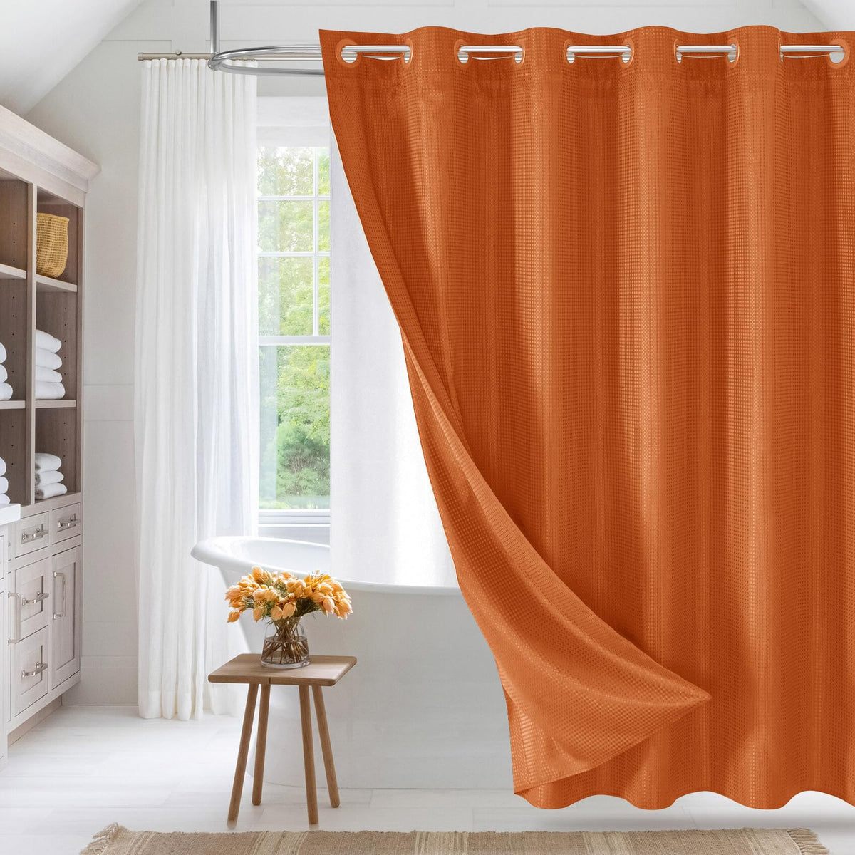 No Hook Weave Fabric Shower Curtain with Snap-in Liner White,72x74