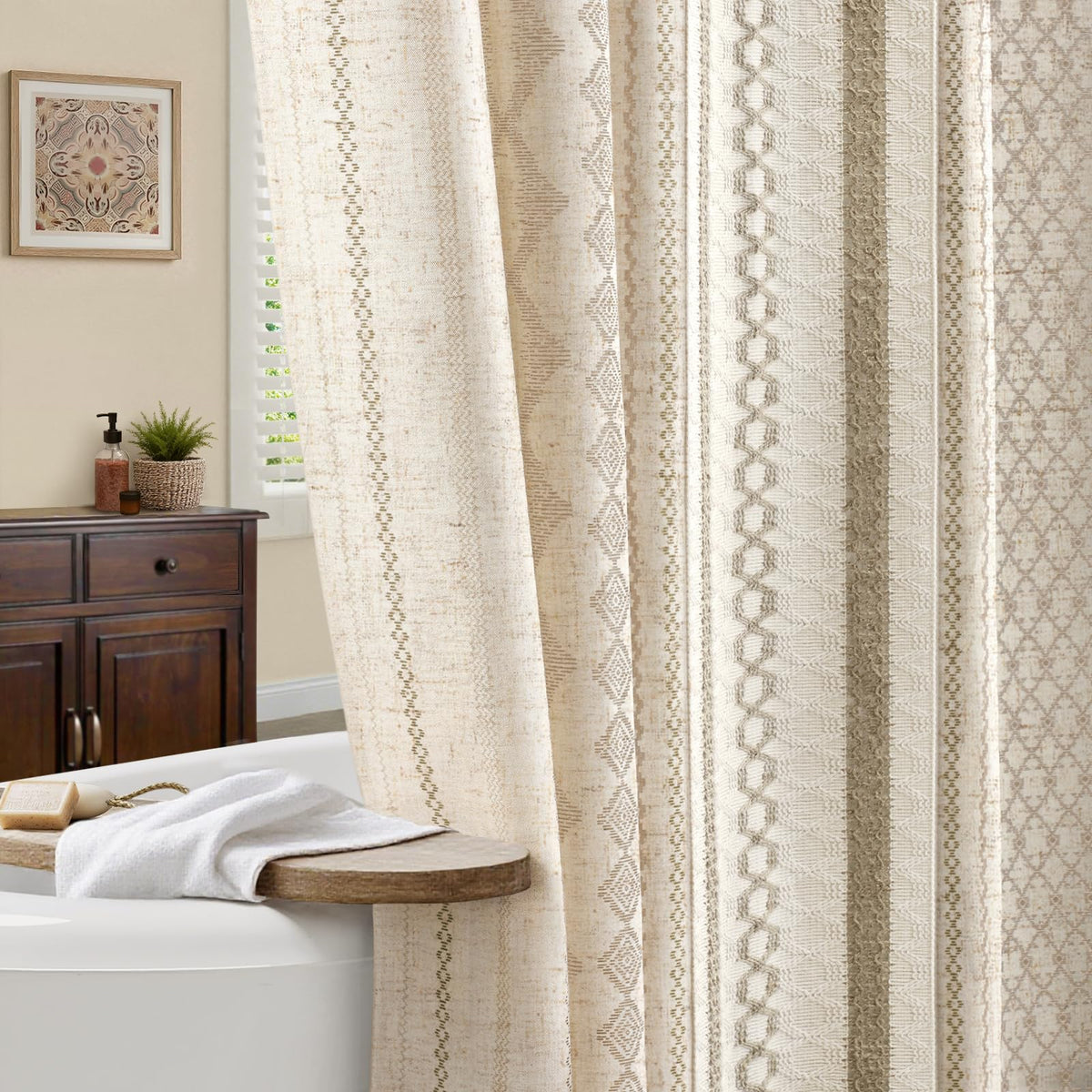 Natural Linen Boho Shower Curtain,72" W x 72" L