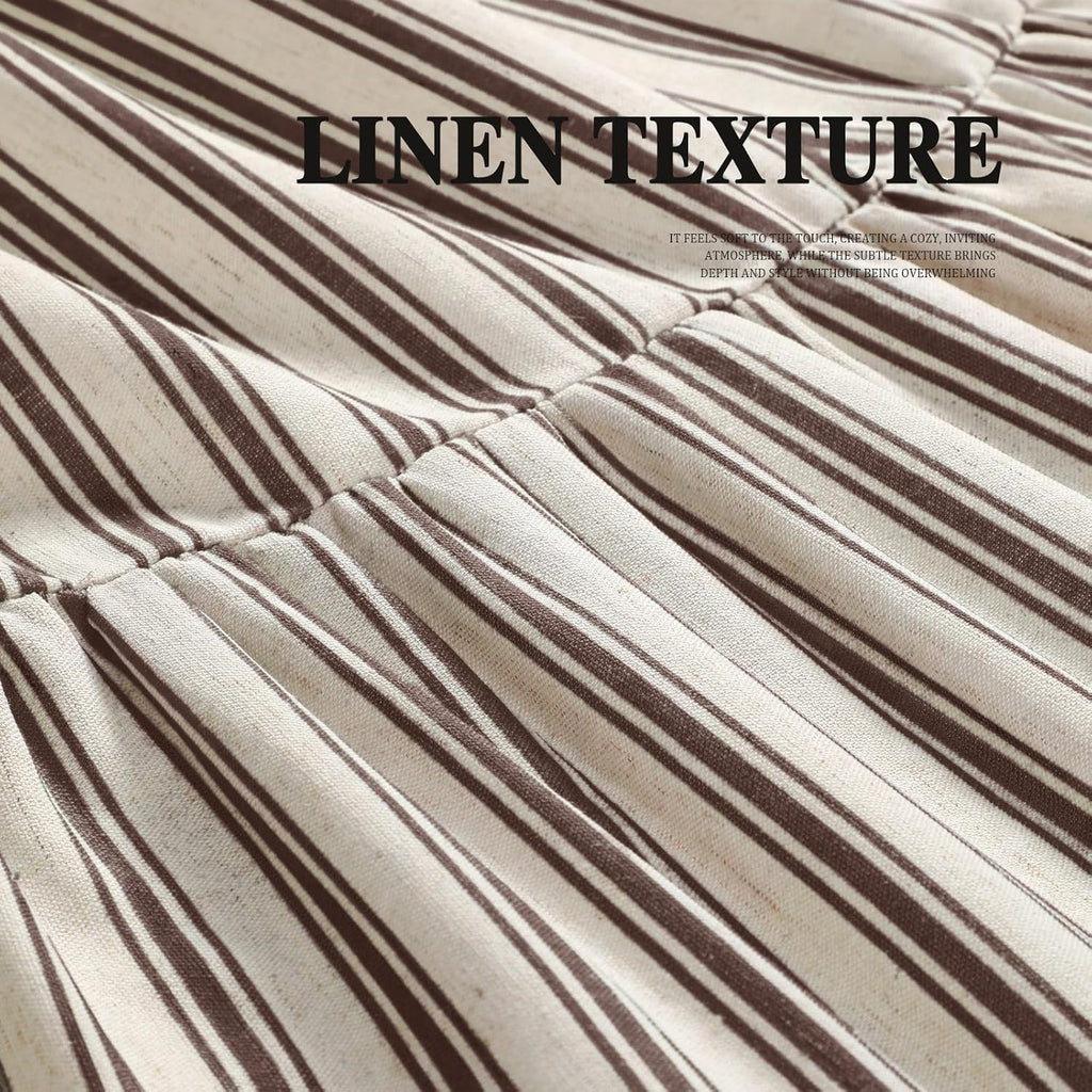 Farmhouse Shower Curtain Ruffle Linen Cream-Brown Stripe 72"W x 84"L
