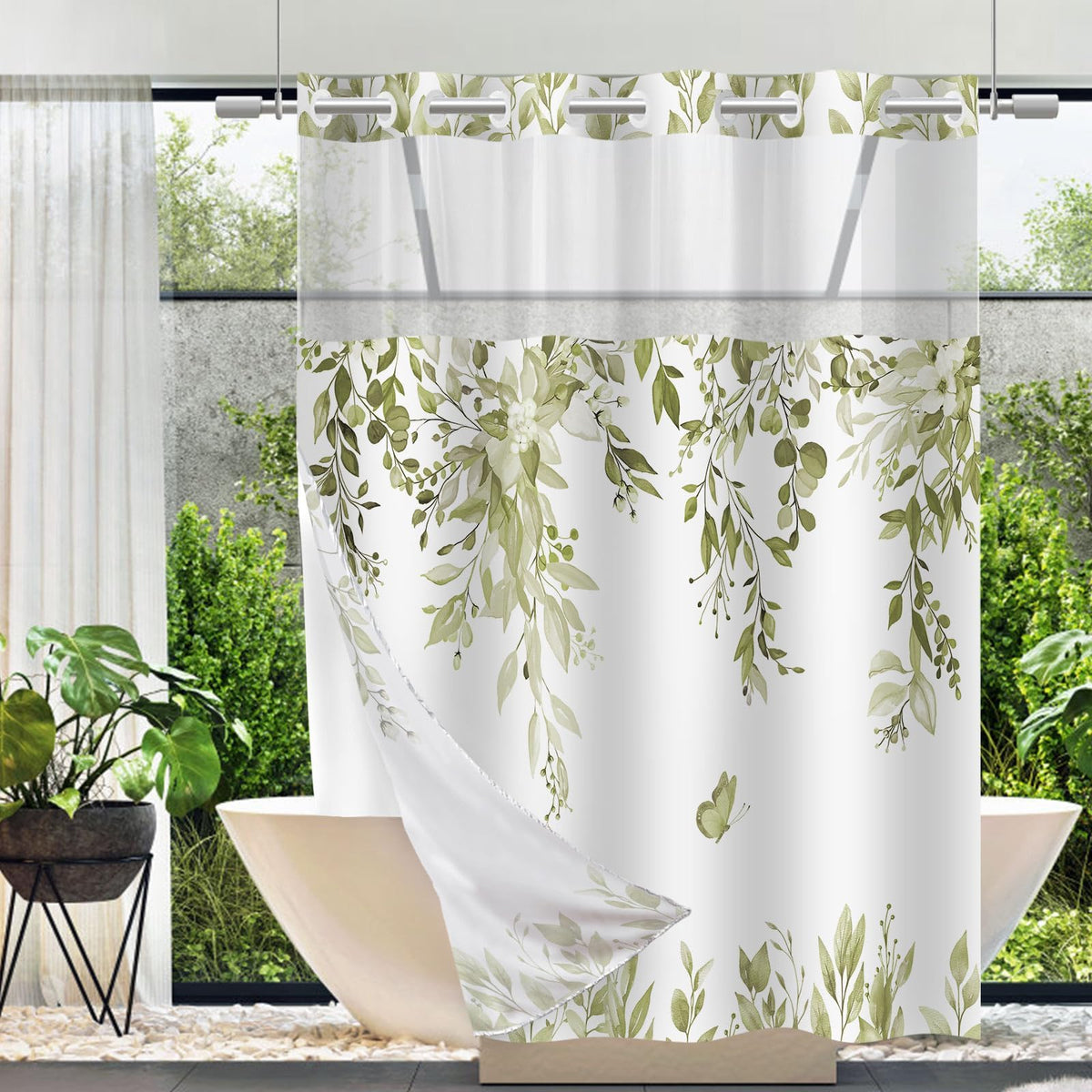 No Hook Shower Curtain and Liner Set, Sage Green Eucalyptus 71x74