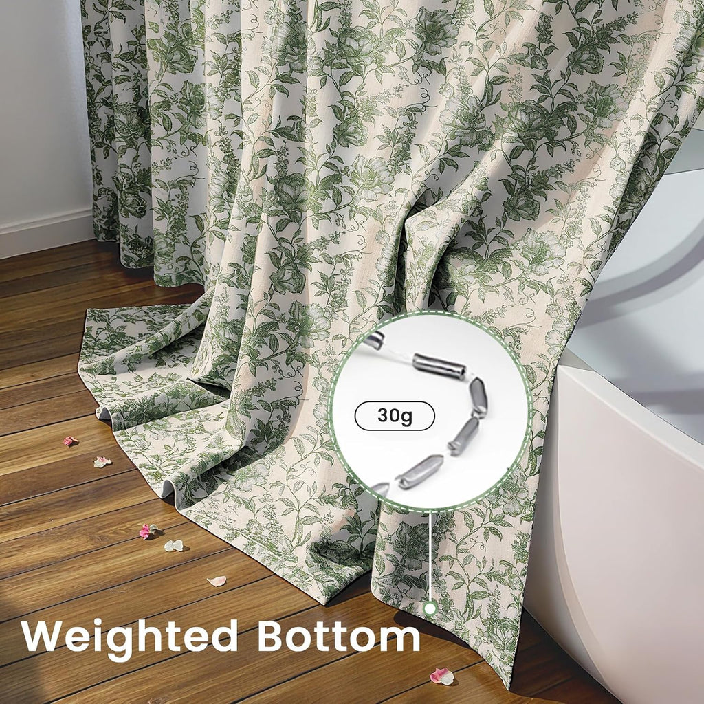 Farmhouse Sage Green Floral Shower Curtain with 12 Clear Rings 72"W x 72"L