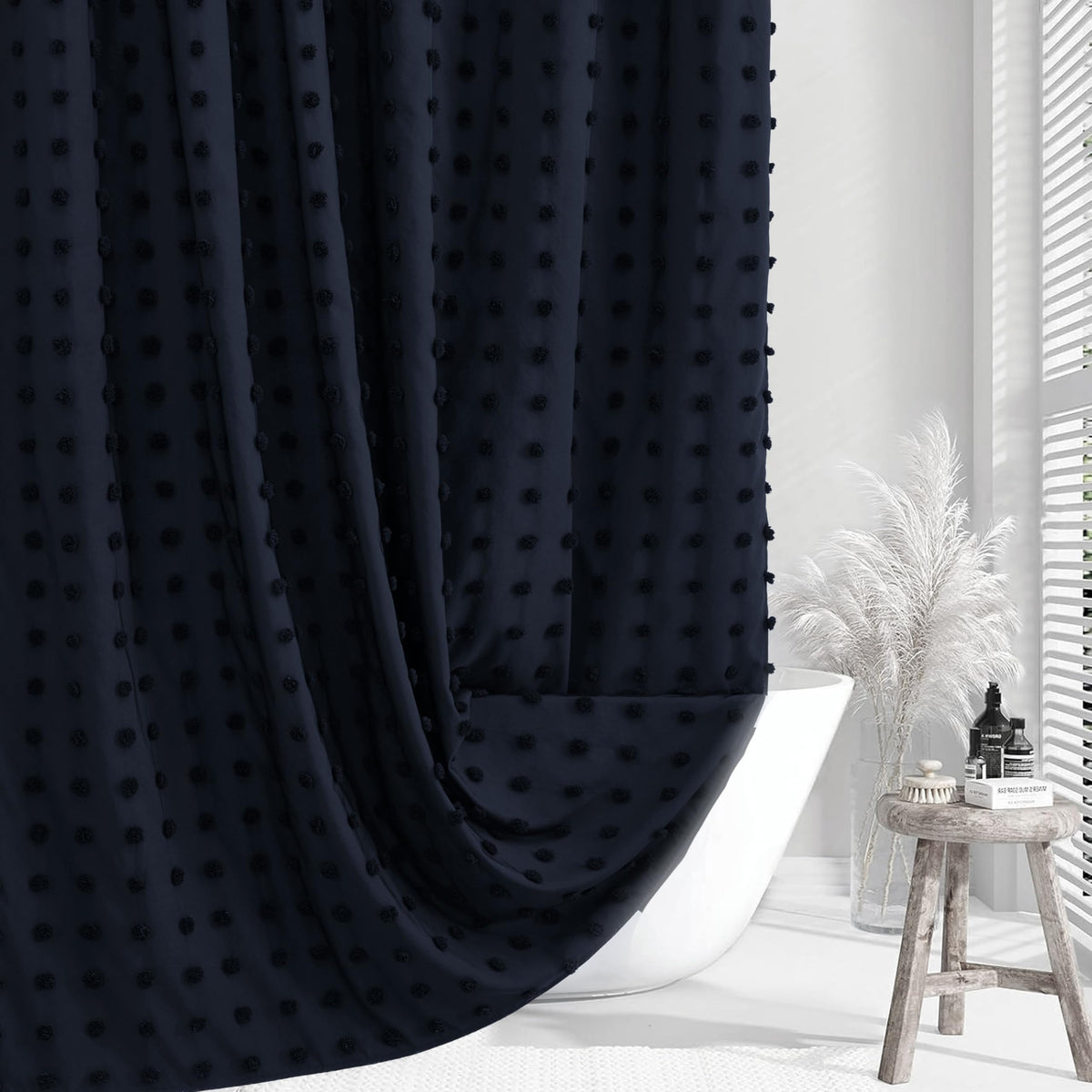 Extra Long Green Boho Shower Curtain Woven Fabric Cute 84 Inch Shower Curtain, 72 x 84 Tufted Pleat Floral Puffs Textured Modern Farmhouse Minimalist Shower Curtain Set with Hooks for Bathroom