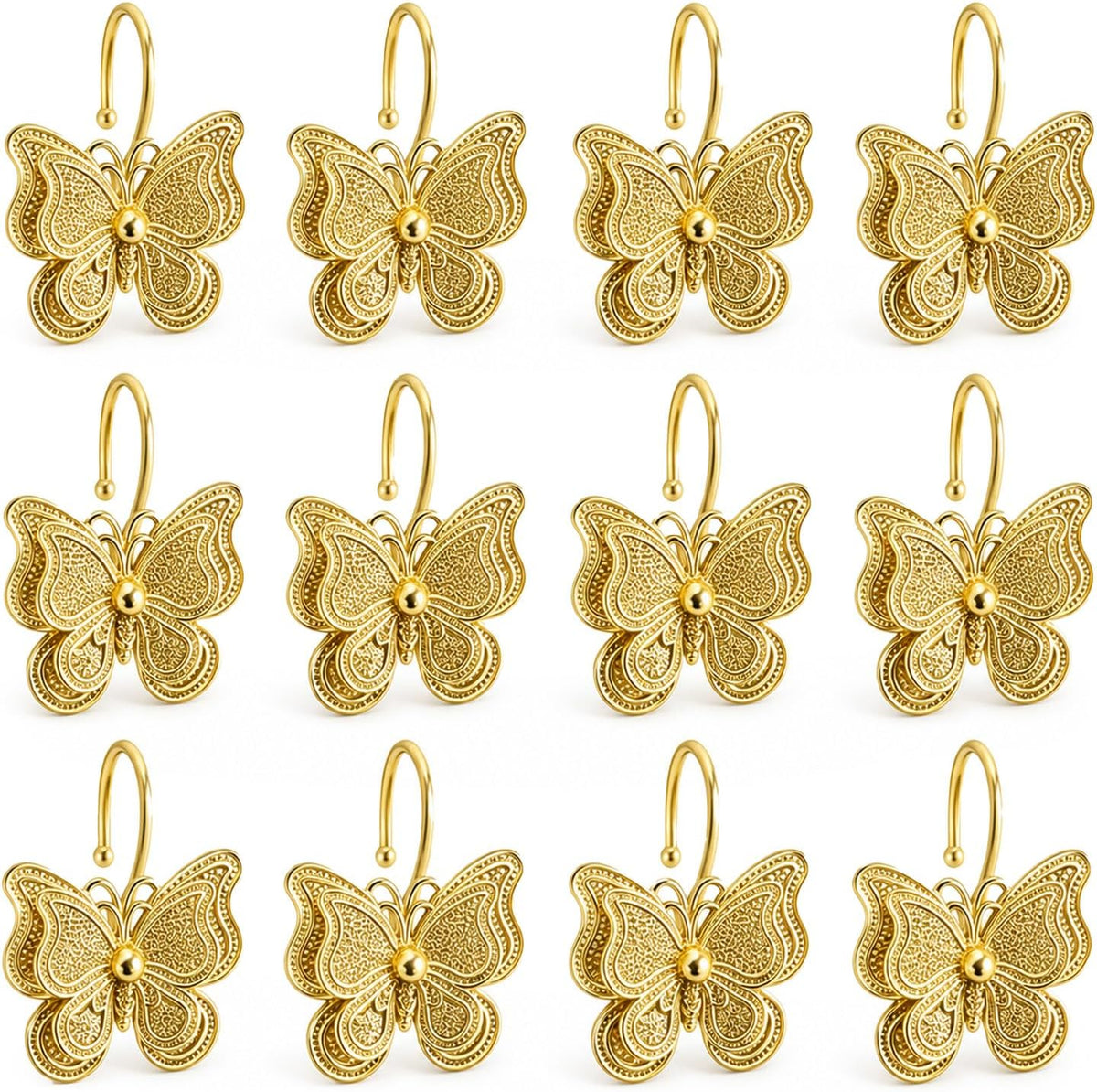 Gold Butterfly Shower Curtain Hooks, Rust Proof Metal for Bathroom 12PCS