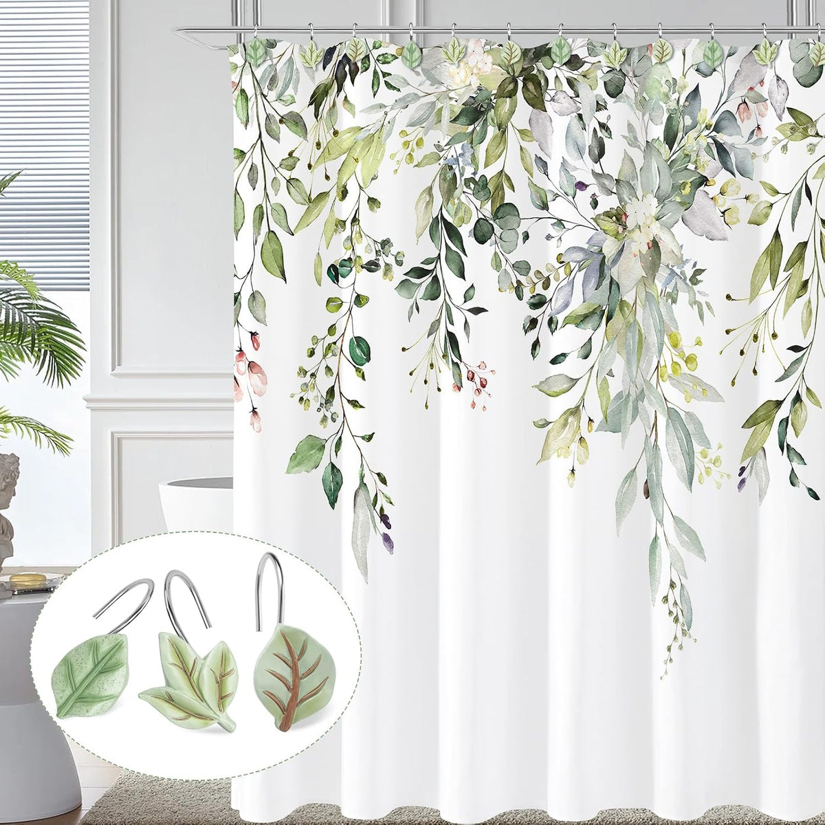 SageGreen Plant Leaf Shower Curtain Hooks,Eucalyptus Bathroom Decor,12PCS