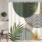 KOMLLEX Mid Century Green Boho Shower Curtain, Abstract Modern Shower Curtains for Bathroom, Plant Botanical Minimalist Leaf Arch Sun Fabric Liner Waterproof Polyester 12 Pack Hooks 60Wx72L Inches